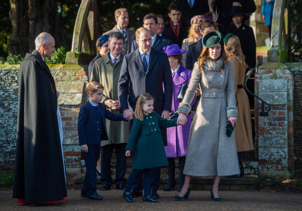 The Duke and Duchess of Cambridge with Prince George and Princess Charlotte after attending the Christmas Day morning church service at St Mary Magdalene Church in Sandringham, Norfolk. (Photo by Joe Giddens/PA Images via Getty Images)