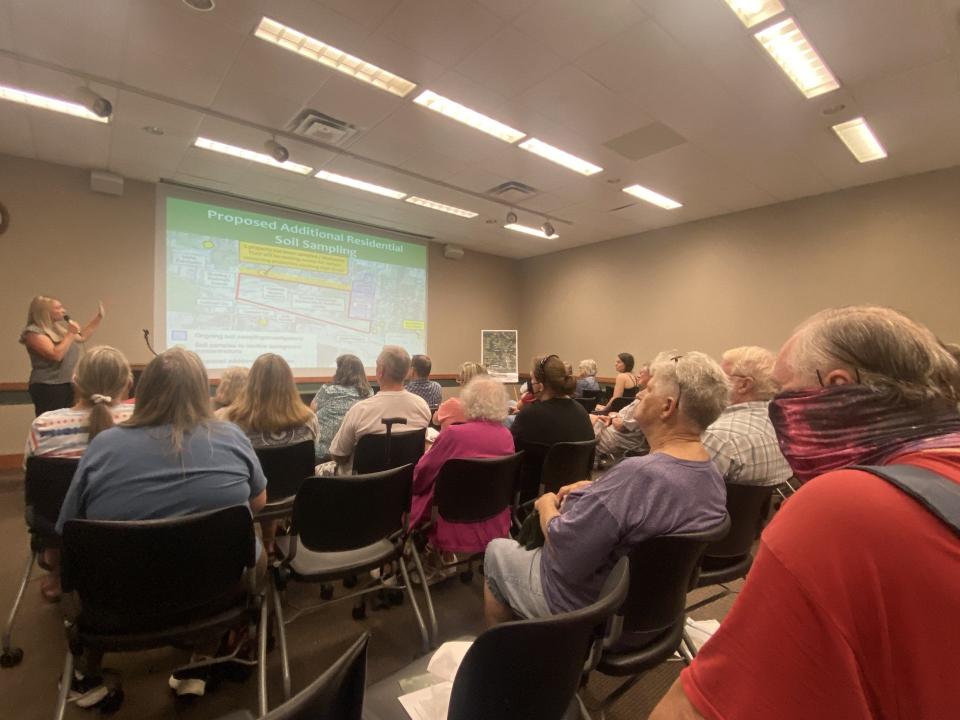 Multistate Trust Program Director Tasha Lewis presents proposed additional residential soil sampling for creosote contamination from the Kerr-McGee site in Northwest Springfield to the community at the Library Station on Wednesday, Aug. 23, 2023.