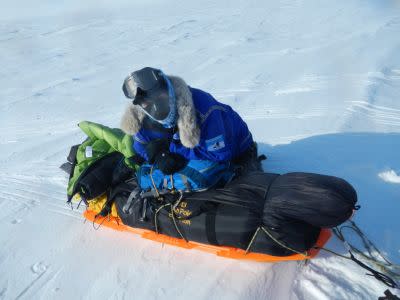 Diego shows off his sled on Day 12. Dr. Heather Ross and her team are on a journey to the South Pole.