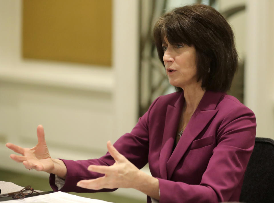 Denise Natali, U.S. Assistant Secretary Bureau of Conflict and Stabilization Operations, gestures during a news interview with a select group of journalists Tuesday, June 4, 2019 in suburban Mandaluyong city, east of Manila, Philippines. Natali is here to discuss with Philippine security officials a new program to help thwart efforts by Muslim extremists to recruit and mobilize followers after a bloody siege by jihadists aligned with the Islamic State group. (AP Photo/Bullit Marquez)