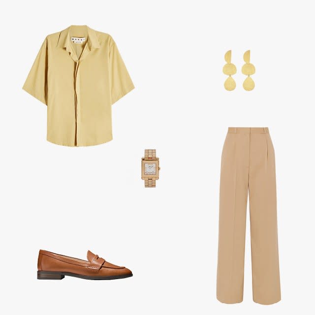 Marni short-sleeved cotton shirt, $590, stylebop.com; The Row elin wool-blend twill wide-leg pants, $1,615, net-a-porter.com; Chopard Happy Sport watch in 18k rose gold, $9,450, beladora.com; Cole Haan penny loafers, $130, colehaan.com; Annie Costello Brown Thea earrings in gold brass, $244, monnierfreres.com