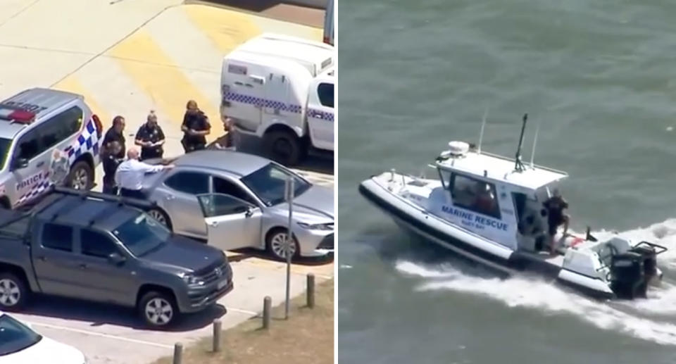 Police arrive at Shore Street North in Cleveland, Queensland after boat sinks.