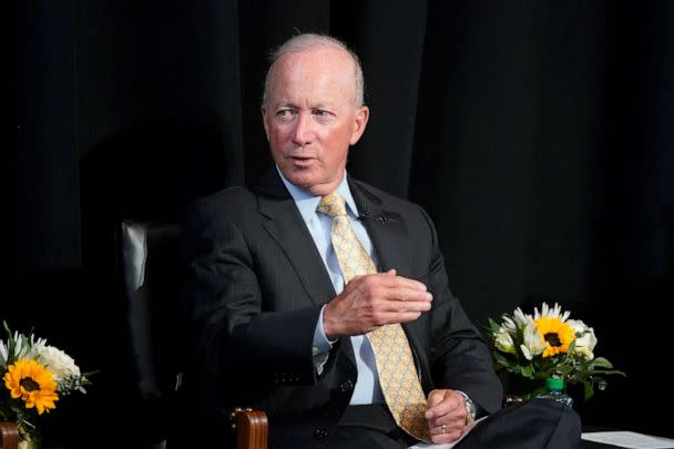 PHOTO: Purdue University President Mitch Daniels speaks during a moderated conversation on building a semiconductor ecosystem, Sept. 13, 2022, in West Lafayette, Ind. (Darron Cummings/AP, FILE)