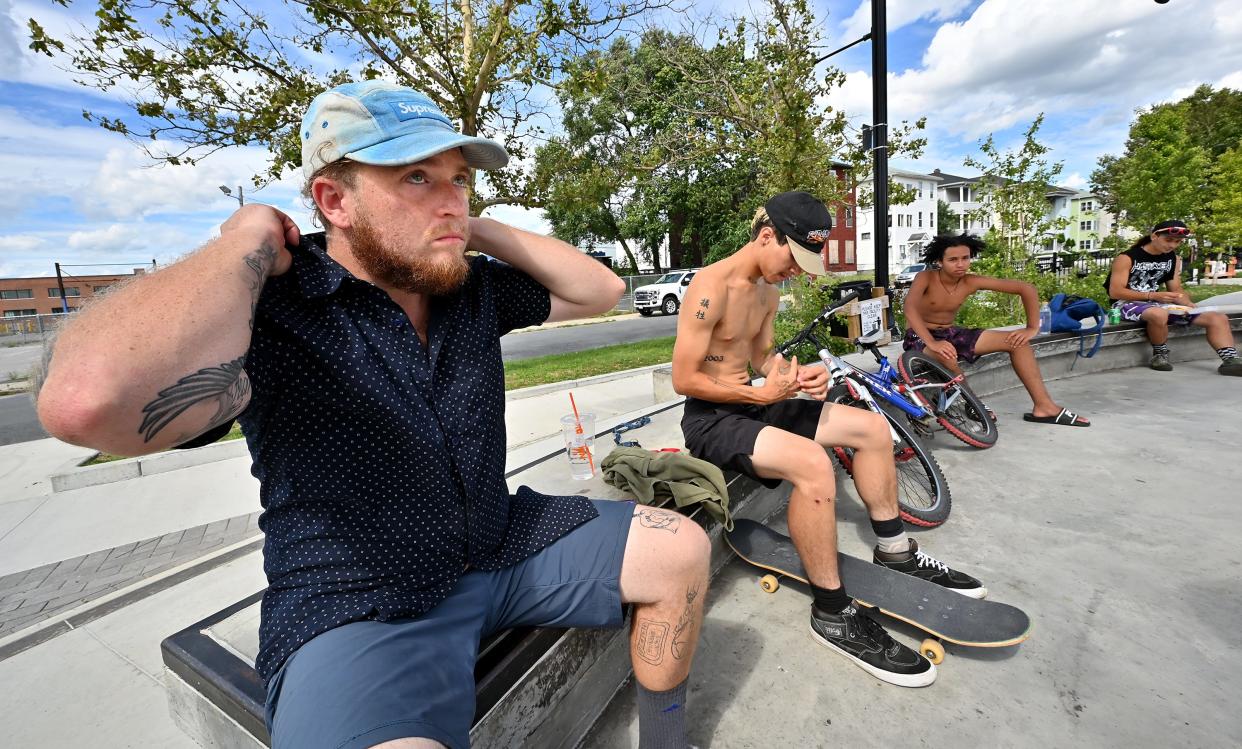 WORCESTER - Mitch "Money Mitch Woo' Reardon of Worcester gets ready to skateboard at Crompton Park.