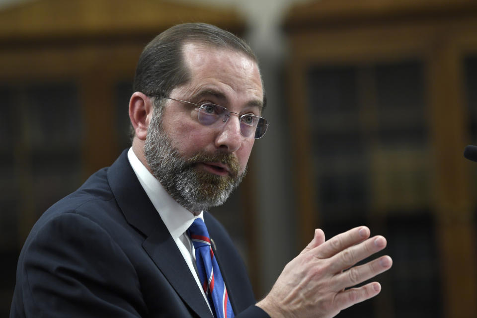 Health and Human Services Secretary Alex Azar testifies before a House Appropriations subcommittee on Capitol Hill in Washington, Wednesday, Feb. 26, 2020. (AP Photo/Susan Walsh)