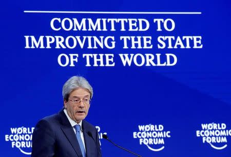 Italy's Prime Minister Paolo Gentiloni speaks during the World Economic Forum (WEF) annual meeting in Davos, Switzerland January 24, 2018. REUTERS/Denis Balibouse