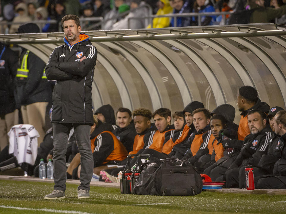 FC Cincinnati coach Pat Noonan watches play against CF Montreal during the first half of an MLS soccer match Saturday, April 13, 2024, in Montreal. (Peter McCabe/The Canadian Press via AP)