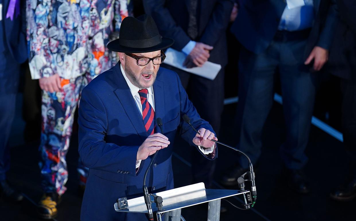 George Galloway gives a speech after being declared winner Rochdale Leisure Centre in the Rochdale by-election, which was triggered after the death of Labour MP Sir Tony Lloyd. Picture date: Thursday February 29, 2024.