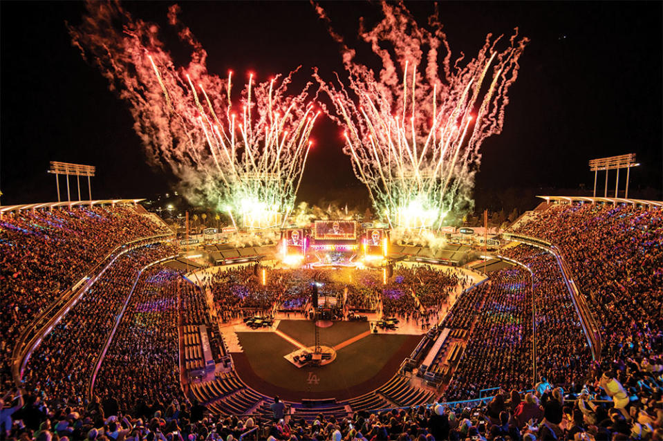 Fireworks at the end of the 24-song set at Dodger Stadium, which included the hits “Bennie and the Jets, Tiny Dancer, Rocket Man and Don’t Let the Sun Go Down on Me, the latter a duet with Brandi Carlile.