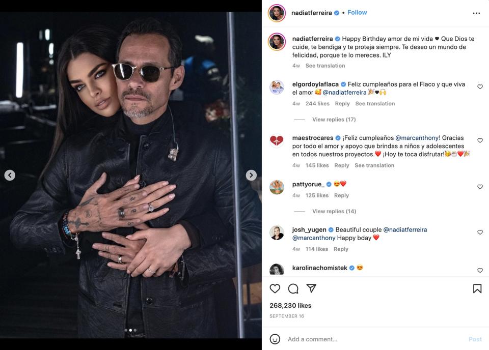 Nadia Ferreira and Marc Anthony in an Instagram photo posted on September 16, 2022.