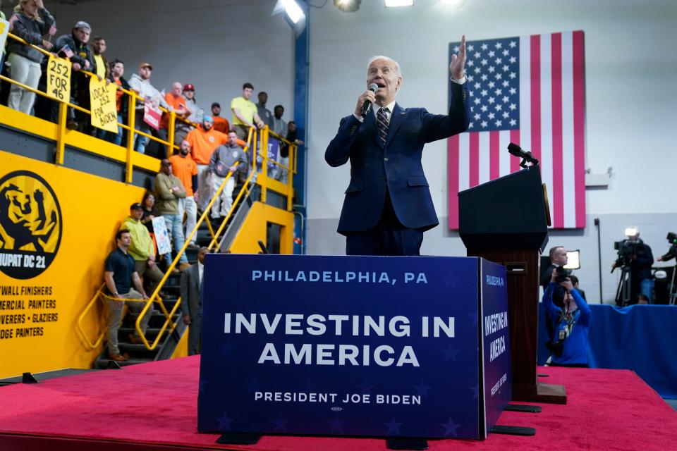 President Joe Biden speaks about his 2024 budget proposal at the Finishing Trades Institute, Thursday, March 9, 2023, in Philadelphia. (AP Photo/Evan Vucci)