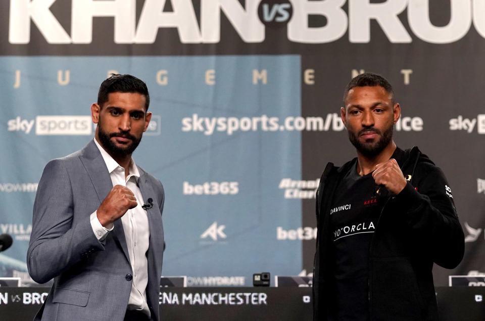 Amir Khan (left) and Kell Brook during a press conference at the Exchange Hall, Manchester. Picture date: Thursday February 17, 2022. (Photo by Nick Potts/PA Images via Getty Images)