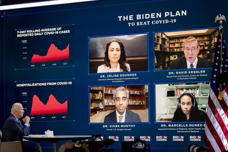 Democratic presidential candidate former Vice President Joe Biden attends a virtual public health briefing at The Queen theater in Wilmington, Del., Wednesday, Oct. 28, 2020. (AP Photo/Andrew Harnik)