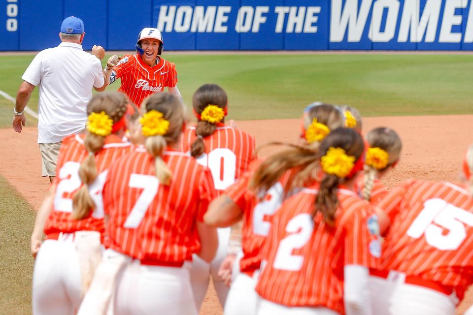 Florida shortstop Skylar Wallace (17) round third after hitting a home run in the second inning during a Women’s College World Series semifinal game between Oklahoma (OU) and Florida at Devon Park in Oklahoma City, on Monday, June 3, 2024.