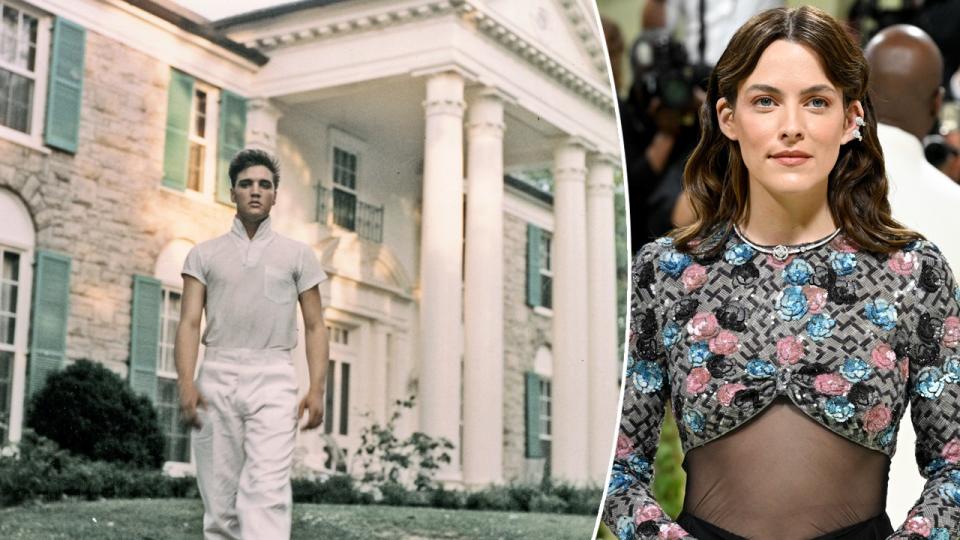 Elvis Presley in front of Graceland and Riley Keough split