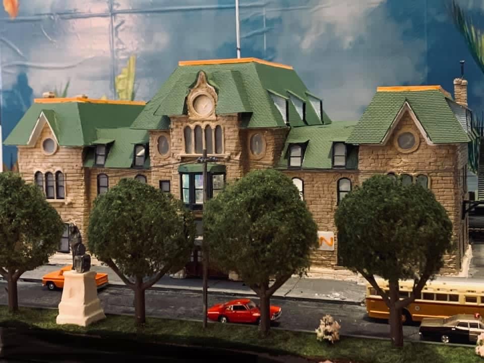 Dave Piercey of Norman's Cove, now living in Sherwood Park, Alta. is creating pieces of Newfoundland in his garage, like this 45 cm model of the Railway Coastal Museum in St. John's. (Submitted by Dave Piercey - image credit)