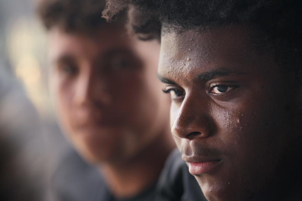 Chandler defensive lineman A'mauri Washington speaks to the press during Chandler Unified School District’s Media Day with players from Arizona College Prep., Chandler, Hamilton, Basha, Casteel and Perry High Schools at Valle Luna Mexican Restaurant on Wednesday, Aug. 3, 2022. 