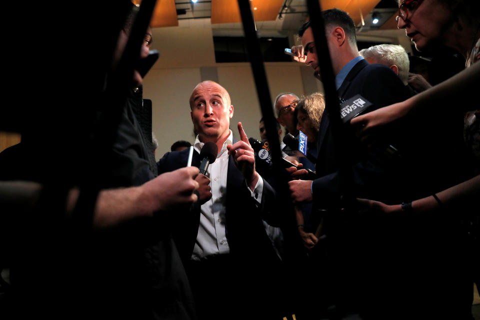 U.S. Representative Max Rose (D-NY) speaks to the media following a Town Hall Meeting in Staten Island, New York, U.S., October 2, 2019. (Andrew Kelly/Reuters)