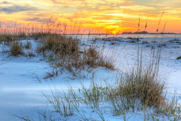 A colorful sunset over the seaoats and dunes on Fort Pickens Beach in the Gulf Islands National Seashore, Florida.