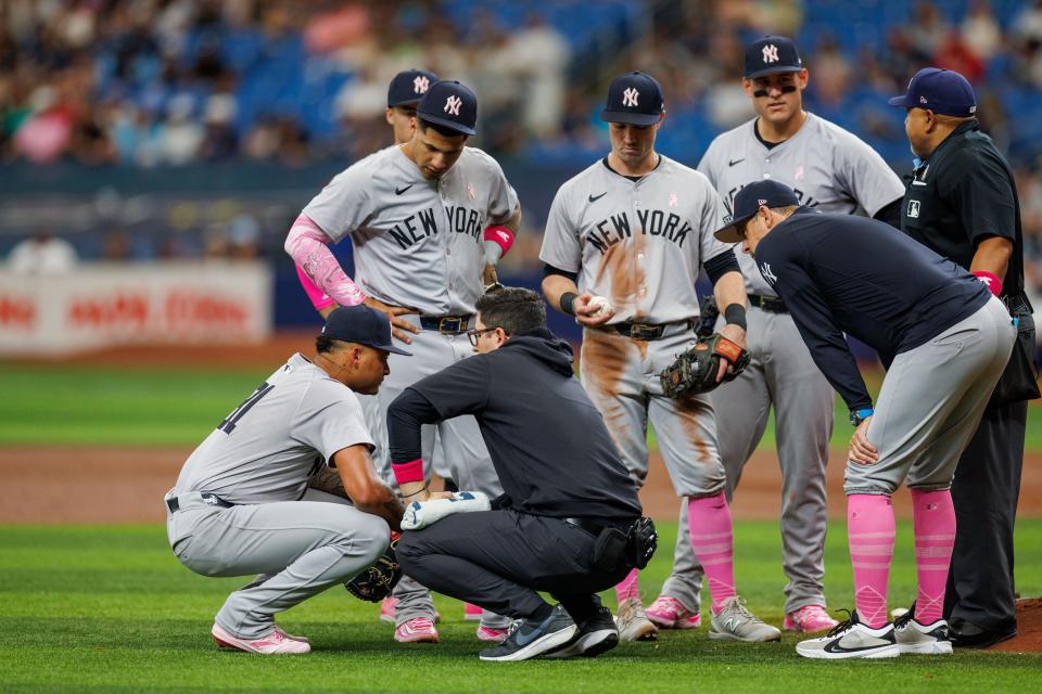 May 12, 2024; St. Petersburg, Florida, USA; New York Yankees pitcher Luis Gil (81) is attended to by trainers after being hit by a ball against the Tampa Bay Rays in the third inning at Tropicana Field. Mandatory Credit: Nathan Ray Seebeck-USA TODAY Sports