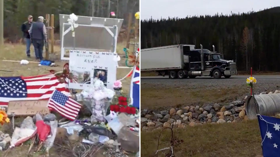 The tributes for Lucas Fowler and Chynna Deese are pictured on the left, and on the right is a truck parked on the road next to the memorial site.