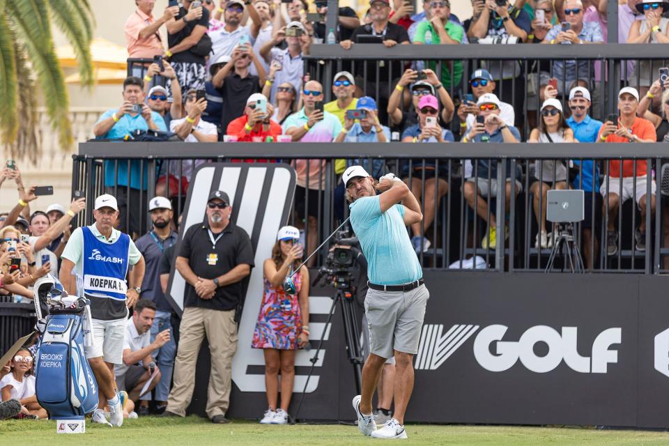 Captain Brooks Koepka of Smash GC hits his shot from the first tee during the quarterfinals of the LIV Golf Team Championship Miami at the Trump National Doral on Friday, October 20, 2023 in Miami, Florida. (Photo by Lauren Sopourn/LIV Golf via AP)