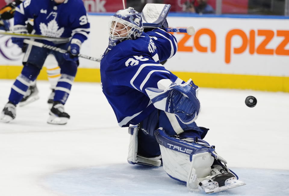 Boston Bruins' Pavel Zacha (not shown) scores on Toronto Maple Leafs' goaltender Ilya Samsonov (35) during the third period of an NHL hockey game, Wednesday, Feb.1, 2023 in Toronto. (Frank Gunn/The Canadian Press via AP)