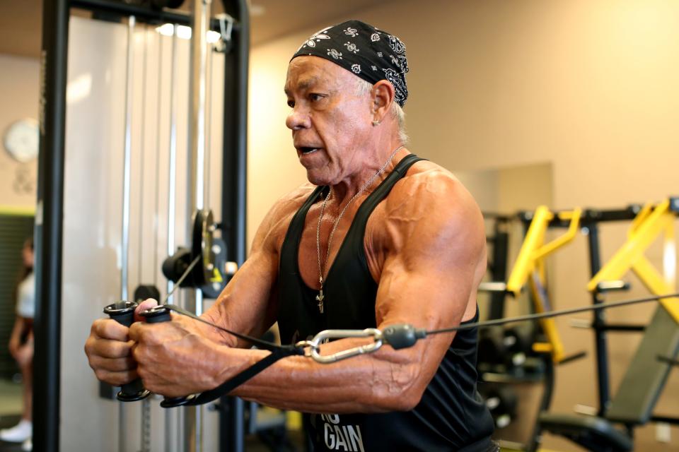 John Gonzales, a 78-year-old bodybuilder, will compete against men 60 and over this weekend. Gonzales trains in Palm Springs, Calif., on June 22, 2022. 