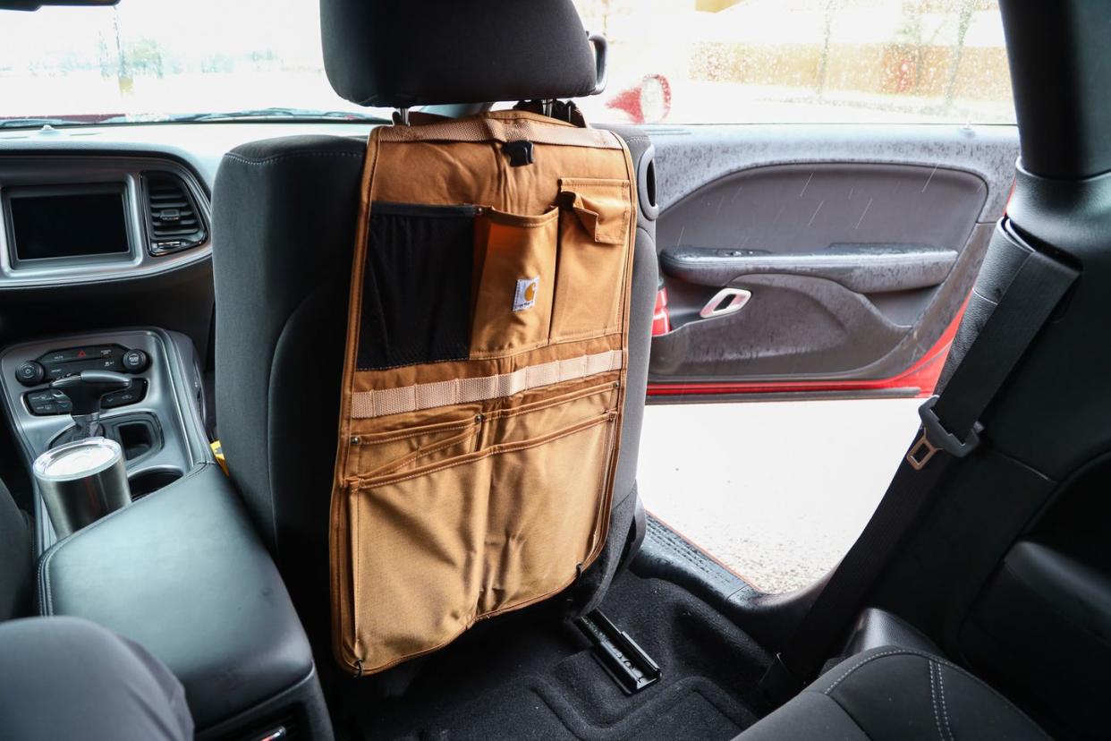 a brown bag in a car