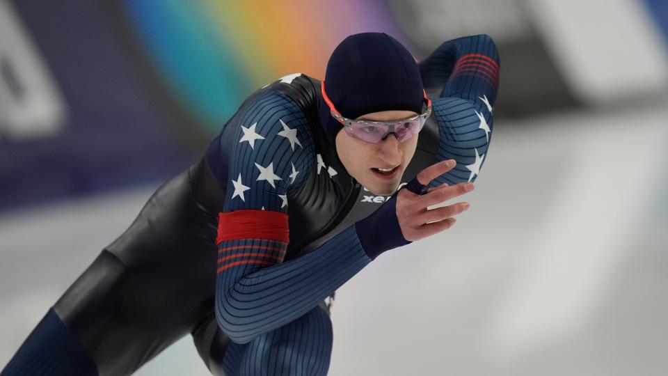 Kewaskum's Jordan Stolz competes during the men's 500 meters at the ISU World Cup speedskating event Saturday in Kearns, Utah.