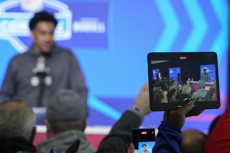 Alabama quarterback Bryce Young speaks during a news conference at the NFL football scouting combine in Indianapolis, Friday, March 3, 2023. (AP Photo/Darron Cummings)