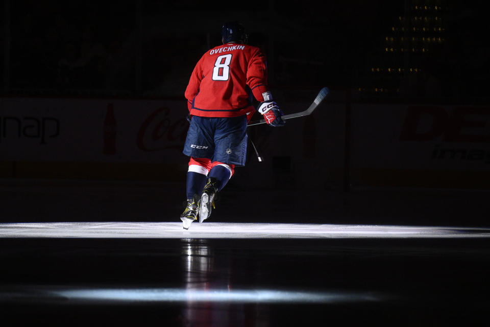 Washington Capitals left wing Alex Ovechkin skates on the ice before an NHL hockey game against the Vancouver Canucks, Sunday, Feb. 11, 2024, in Washington. (AP Photo/Nick Wass)