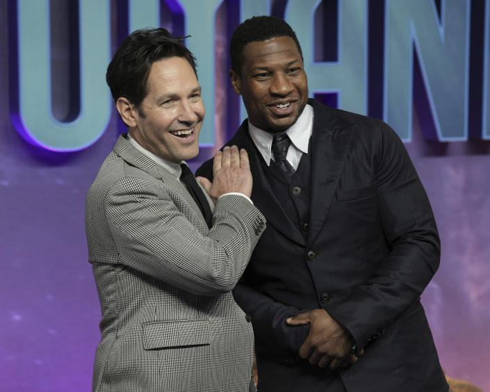 Paul Rudd, left, and Jonathan Majors pose for photographers upon arrival for the premiere of 'Ant Man and The Wasp: Quantumania' in London, Thursday, Feb. 16, 2023. (Photo by Scott Garfitt/Invision/AP)
