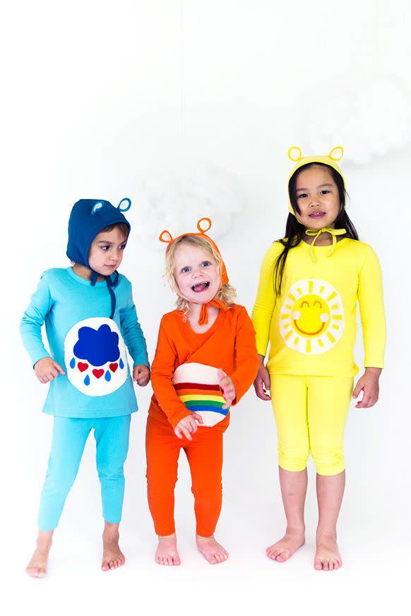 <p>Match the <em>Care Bears</em> costume to your kid's mood — and favorite color — by choosing between Cheer, Funshine, Share, Harmony, or dare we say, Grumpy. Then round out the group by gathering their moodiest besties! </p><p><em><a href="http://sayyes.com/2016/09/care-bears-halloween-costume" rel="nofollow noopener" target="_blank" data-ylk="slk:Get the Care Bears tutorial at Say Yes »" class="link ">Get the Care Bears tutorial at Say Yes »</a><br></em></p>