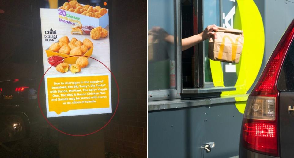 McDonald&#39;s drive through sign warning of tomato shortage; McDonald&#39;s employee handing takeaway bag through window at drive-thru