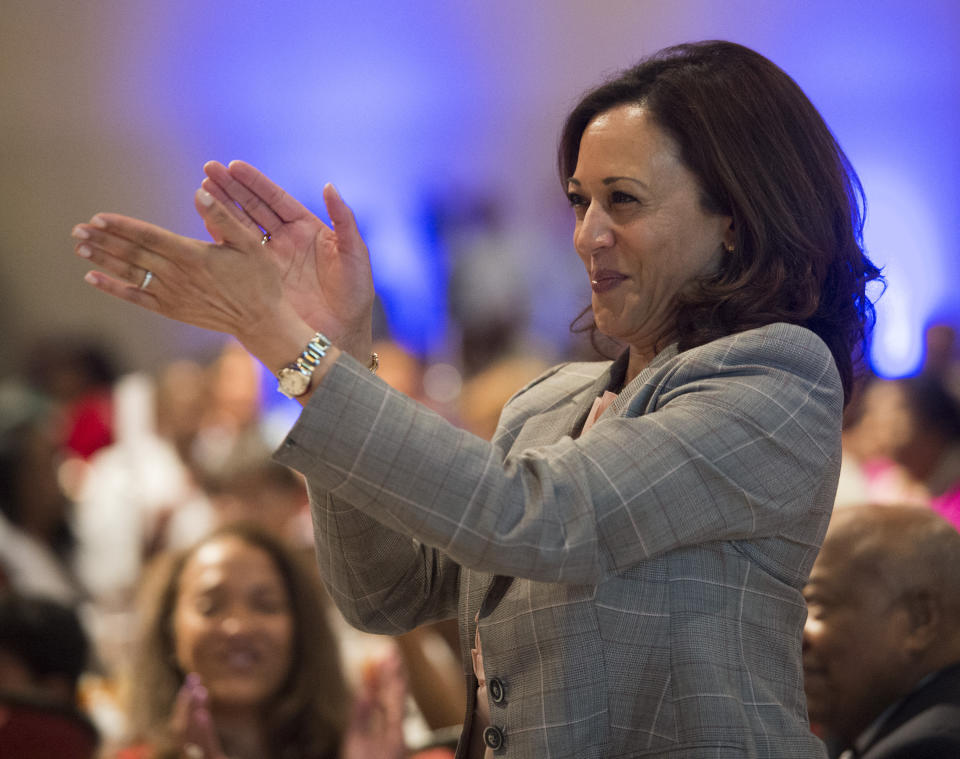 Democratic presidential candidate, Sen. Kamala Harris, D-Calif., applauds during the Alabama Democratic Conference convention at the Renaissance Hotel in Montgomery, Ala., on Saturday, June 8, 2019. (Jake Crandall/Montgomery Advertiser via AP)/Montgomery Advertiser via AP)