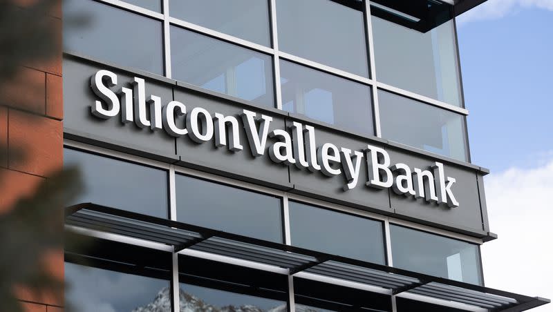 The sign of Silicon Valley Bank is photographed in Cottonwood Heights on March 10, 2023.