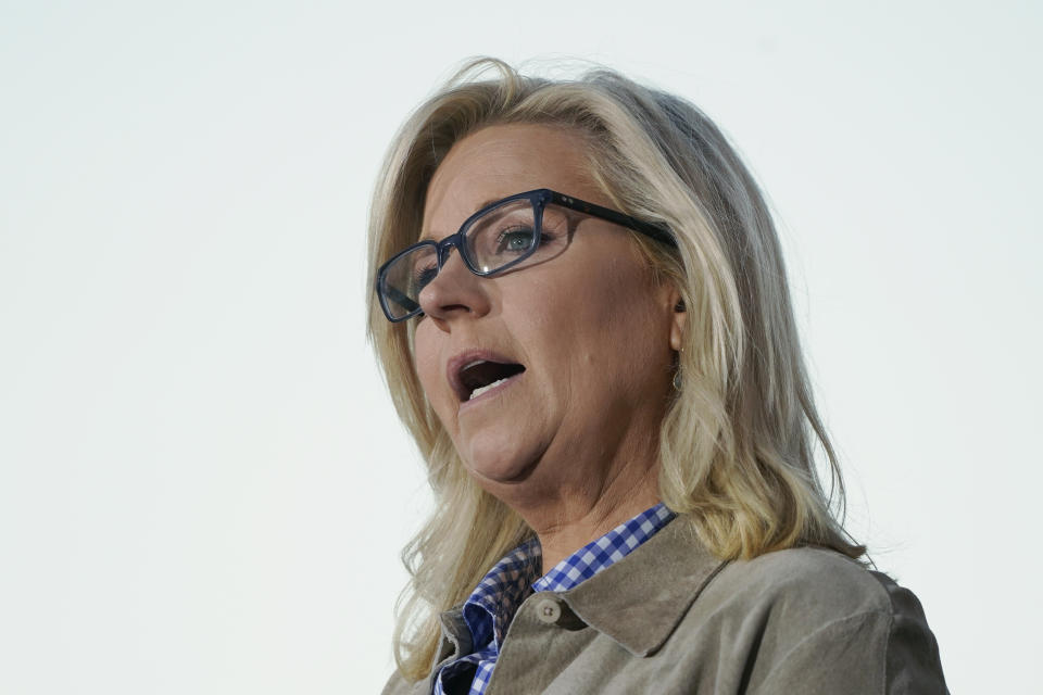 Rep. Liz Cheney, R-Wyo., speaks Tuesday, Aug. 16, 2022, at a primary Election Day gathering in Jackson, Wyo. Cheney lost to challenger Harriet Hageman in the primary. (AP Photo/Jae C. Hong)