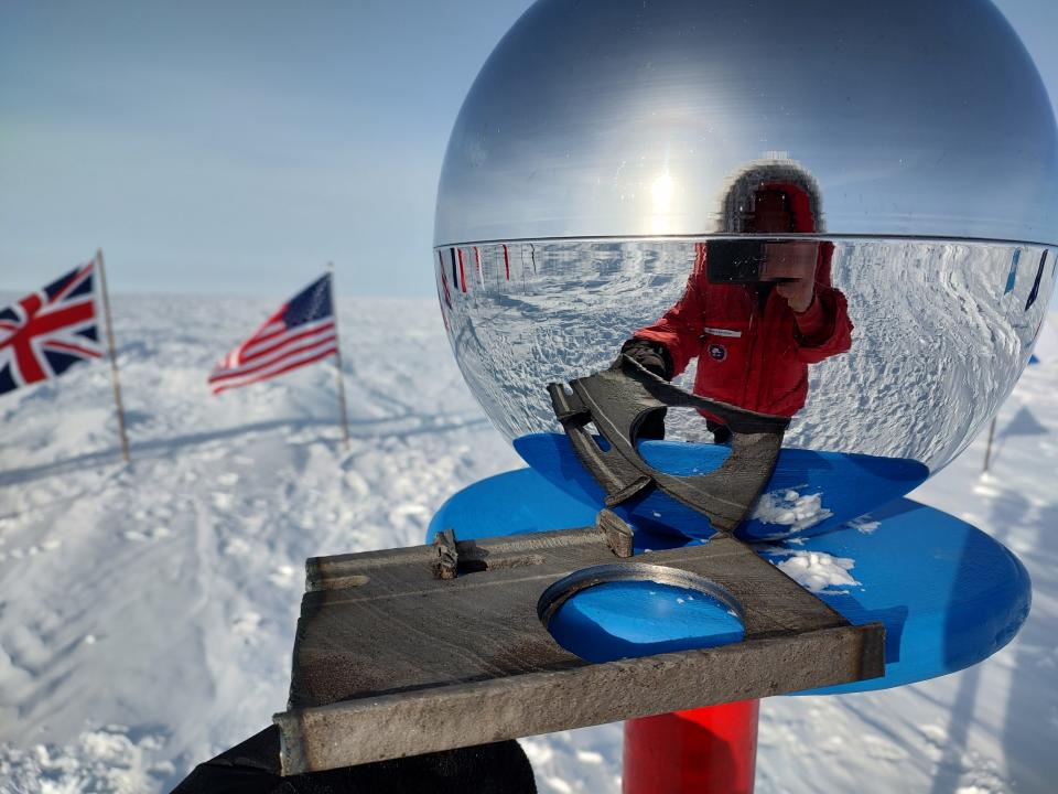 The current ceremonial South Pole marker, which includes pieces from the Mackinac Bridge original steel deck grating.