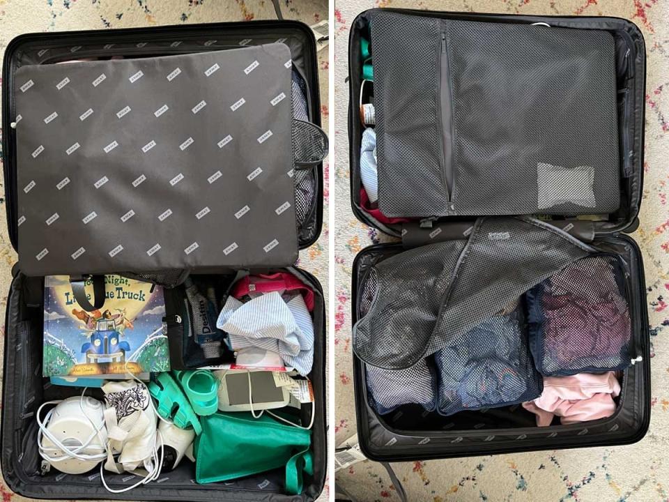 Side by side images of an open suitcase with half the packed compartment visible