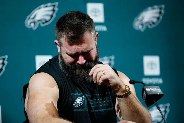 <p>AP Photo/Matt Rourke</p> Jason Kelce reacts during an NFL football press conference announcing his retirement in Philadelphia, Monday, March 4, 2024