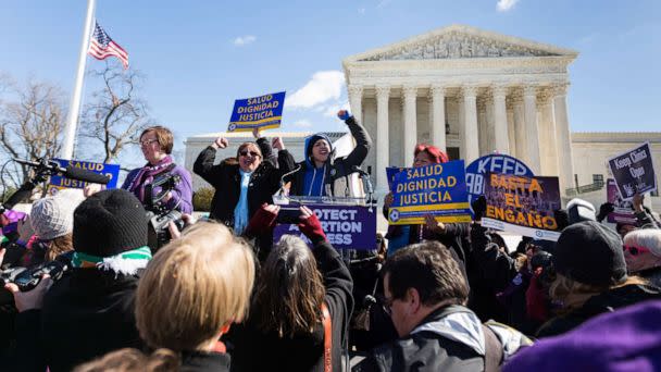 PHOTO: Members of the National Latina Institute for Reproductive Justice held a rally outside the Supreme Court in June 2016 for Whole Woman's Health v. Hellersted. (National Latina Institute for Reproductive Justice)