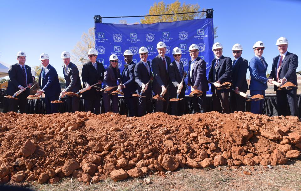 A groundbreaking ceremony was held for the baseball stadium in downtown Spartanburg on Nov. 1, 2023. Here, the official party breaks ground at the event.
