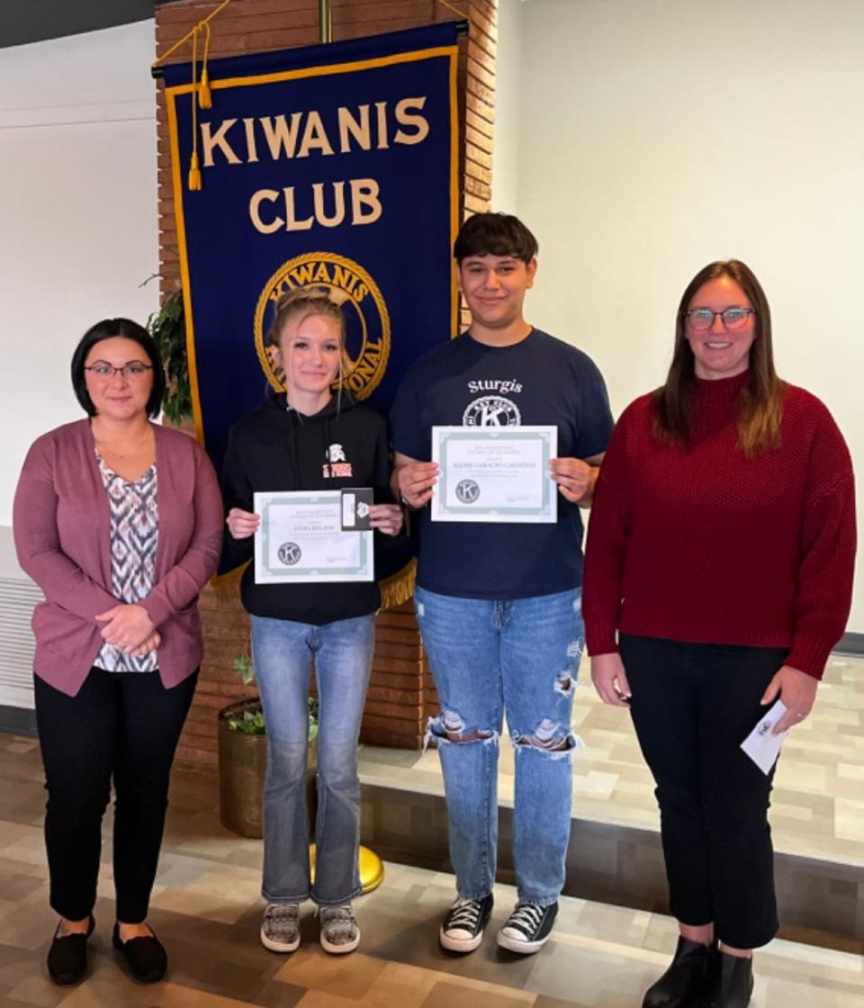 From left to right are Kiwanis President Sharlee Zalewski, Lydia Boland, Alexis Camacho Cardenas and Key Club advisor Courtney Patrick.