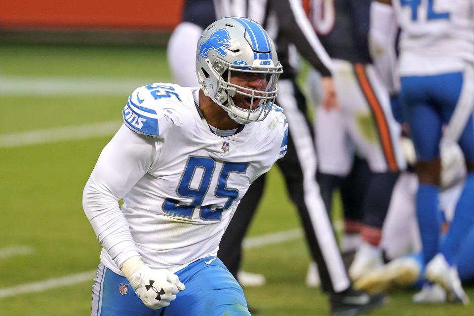 Romeo Okwara of the Detroit Lions celebrates after forcing a fumble against the Chicago Bears during the second half at Soldier Field on Dec. 6, 2020, in Chicago.