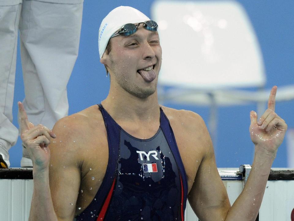 Amaury Leveaux of France points up while in the pool at the 2008 Olympics.