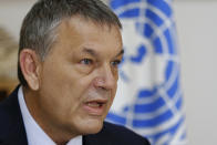 The Commissioner-General of the U.N. agency for Palestinian refugees Philippe Lazzarini, speaks during an interview with The Associated Press at the U.N. relief agency, UNRWA, headquarters in Beirut, Lebanon, Wednesday, Sept. 16, 2020. The financial crisis that the U.N. agency for Palestinian refugees is experiencing could lead to ceasing some of its activities in what would raise risks of instability in this volatile region, Lazzarini said Wednesday. (AP Photo/Bilal Hussein)