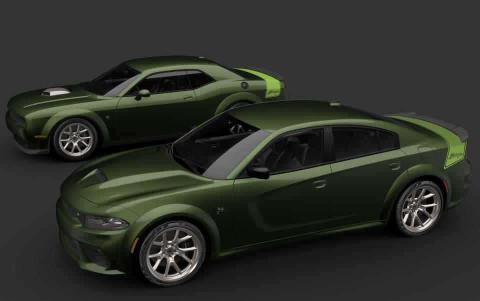 <p>Dodge brought back the Swinger name from the 1969 Dart for two Last Call models, based on the Scat Pack versions of the Charger and Challenger. While Dodge is offering three paint options, the F8 Green with bright green stripe shown is an eye-catching combo, with gold accents rounding out the look.</p><p><a class="link " href="https://www.caranddriver.com/news/a41116745/dodge-swinger-challenger-charger-announced/" rel="nofollow noopener" target="_blank" data-ylk="slk:Read the full story;elm:context_link;itc:0;sec:content-canvas">Read the full story</a></p>