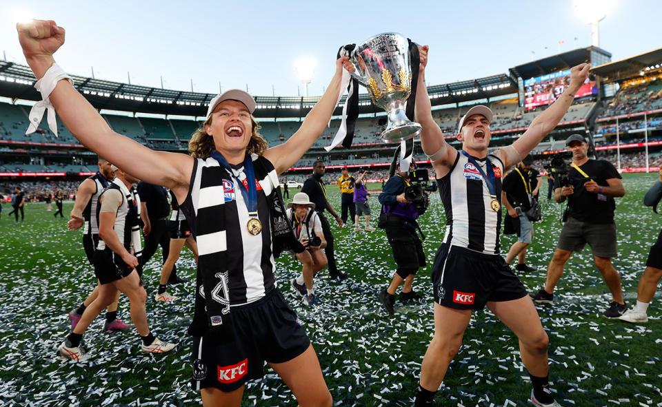 Jack Ginnivan and Brayden Maynard after the AFL grand final. 