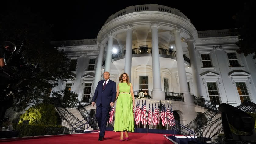 President Donald Trump and first lady Melania Trump arrive for his acceptance speech at the RNC.